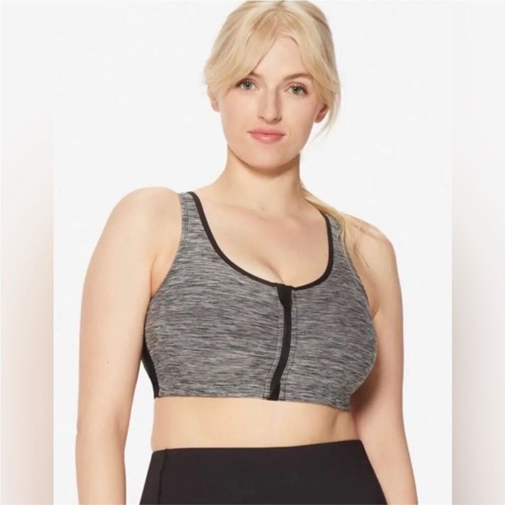 Ruby Ribbon Heather Gray Front-Zip Sports Bra with Black Trim